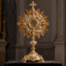 Digitally created illustrative representation of an ornate gilded monstrance in a historic church; not the recovered Moskorzew artefact.