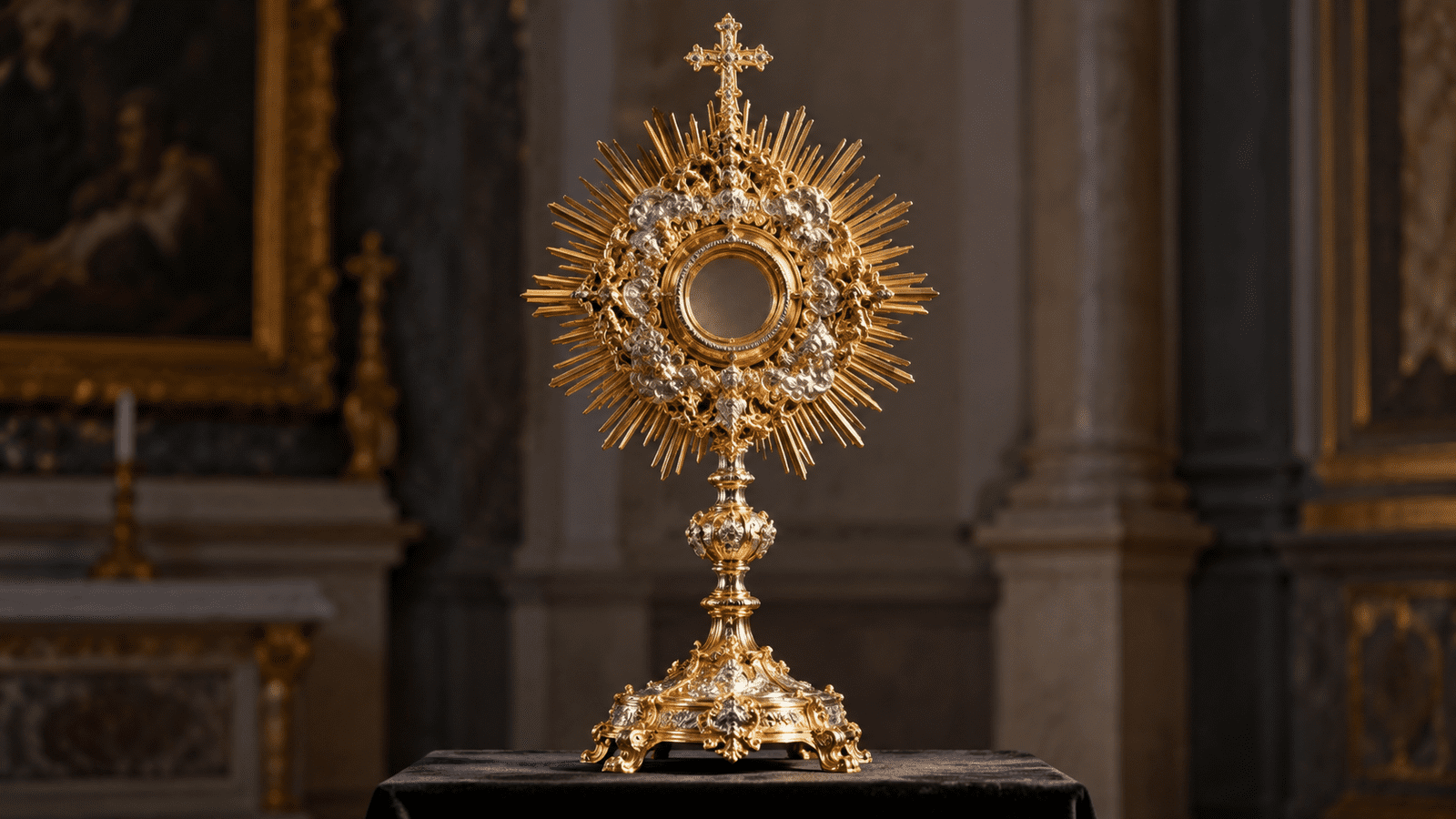 Digitally created illustrative representation of an ornate gilded monstrance in a historic church; not the recovered Moskorzew artefact.