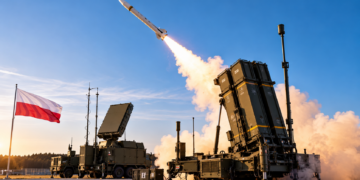 Digitally generated illustration of a missile launching from an air-defence launcher with a Polish flag in the foreground; not a real Narew launch.