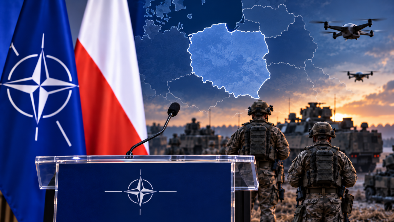 NATO podium beside Polish and NATO flags with a highlighted map of Poland and allied military forces