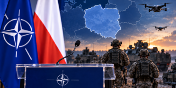 NATO podium beside Polish and NATO flags with a highlighted map of Poland and allied military forces