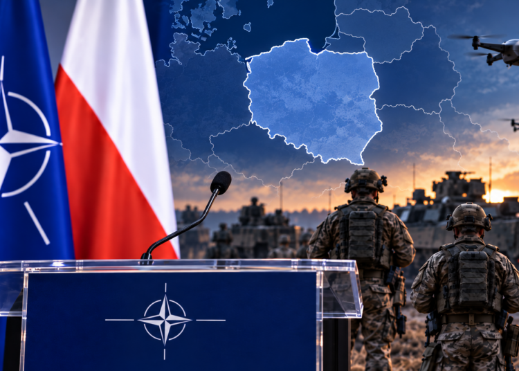NATO podium beside Polish and NATO flags with a highlighted map of Poland and allied military forces