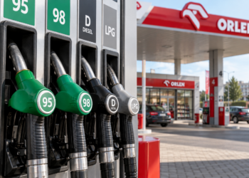 Digitally created illustration showing petrol and diesel pump nozzles at an Orlen-branded filling station.