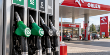 Digitally created illustration showing petrol and diesel pump nozzles at an Orlen-branded filling station.