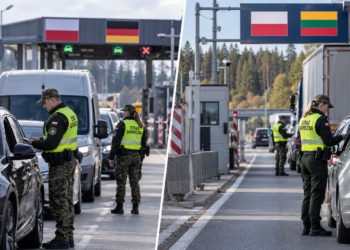 Digitally created editorial illustration of Polish Border Guard checks at the German and Lithuanian borders