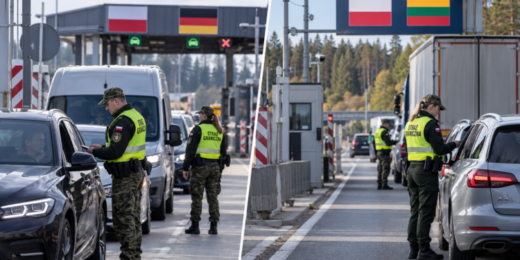 Digitally created editorial illustration of Polish Border Guard checks at the German and Lithuanian borders