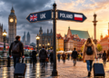 Digitally created editorial illustration: cloudy London on the left and sunny Warsaw on the right, with travellers carrying luggage and a UK–Poland directional sign.