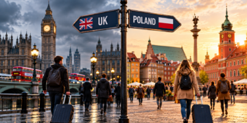 Digitally created editorial illustration: cloudy London on the left and sunny Warsaw on the right, with travellers carrying luggage and a UK–Poland directional sign.