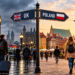 Digitally created editorial illustration: cloudy London on the left and sunny Warsaw on the right, with travellers carrying luggage and a UK–Poland directional sign.