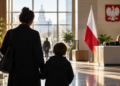 Parent and child in a Polish public-services setting representing proposed care allowance support