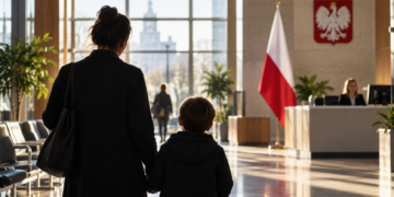 Parent and child in a Polish public-services setting representing proposed care allowance support