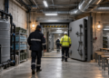 Workers inspecting a reinforced underground civil-defence shelter in Poland