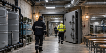 Workers inspecting a reinforced underground civil-defence shelter in Poland