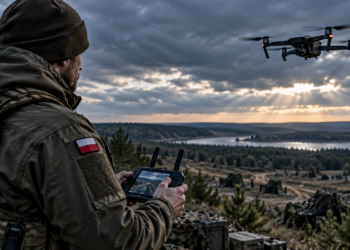 Digitally created illustration of a drone operator wearing a Polish flag patch controlling a quadcopter in a rural landscape; not an image of an operational Drone Legion unit or Blue Eye exercise.