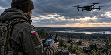Digitally created illustration of a drone operator wearing a Polish flag patch controlling a quadcopter in a rural landscape; not an image of an operational Drone Legion unit or Blue Eye exercise.