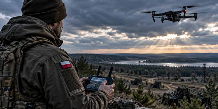 Digitally created illustration of a drone operator wearing a Polish flag patch controlling a quadcopter in a rural landscape; not an image of an operational Drone Legion unit or Blue Eye exercise.