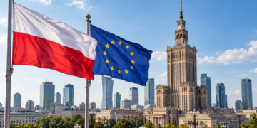 Digitally created editorial image of the Polish and European Union flags flying over Warsaw, with the Palace of Culture and Science in the background
