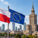 Digitally created editorial image of the Polish and European Union flags flying over Warsaw, with the Palace of Culture and Science in the background