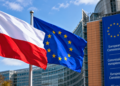 Digitally created illustration of Polish and EU flags outside a European Commission-style building in Brussels.