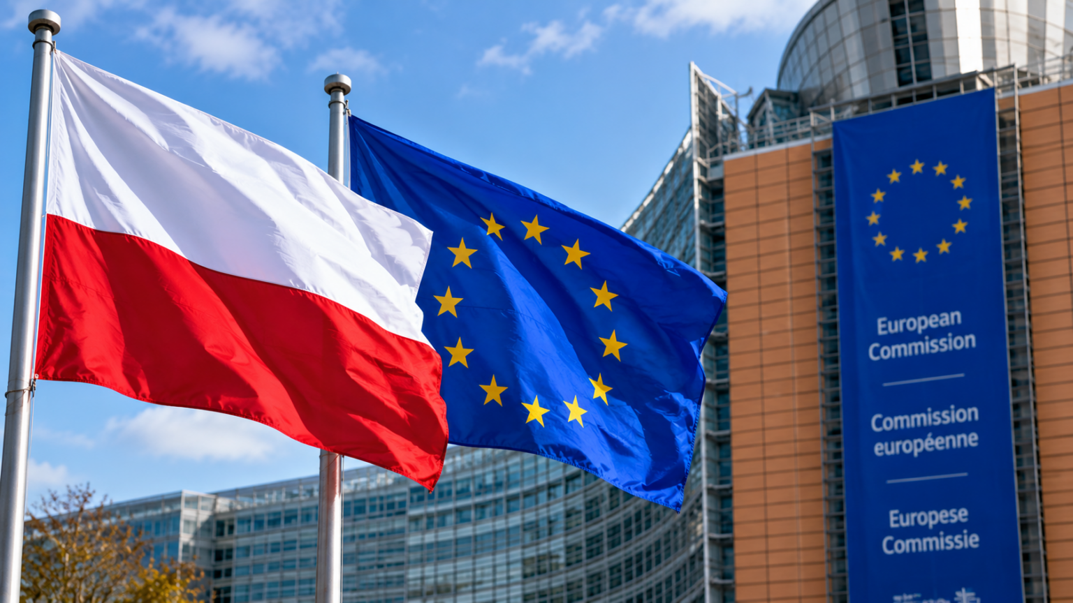 Digitally created illustration of Polish and EU flags outside a European Commission-style building in Brussels.