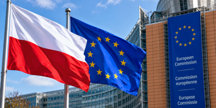 Digitally created illustration of Polish and EU flags outside a European Commission-style building in Brussels.