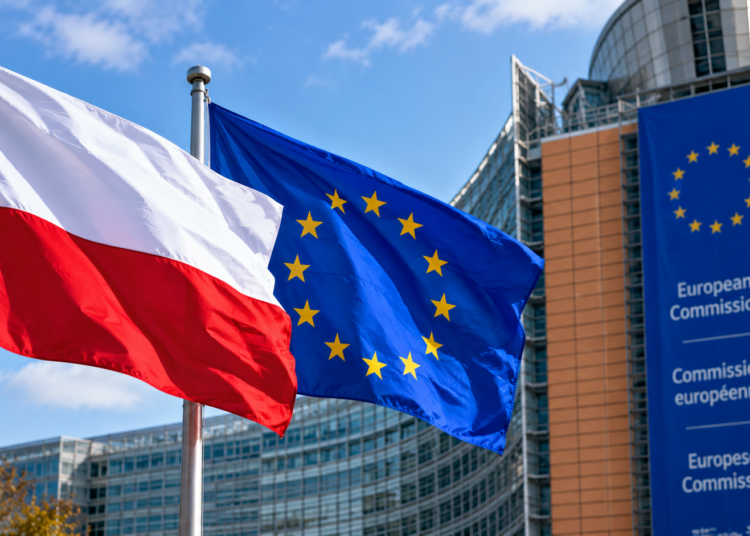 Digitally created illustration of Polish and EU flags outside a European Commission-style building in Brussels.