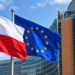Digitally created illustration of Polish and EU flags outside a European Commission-style building in Brussels.