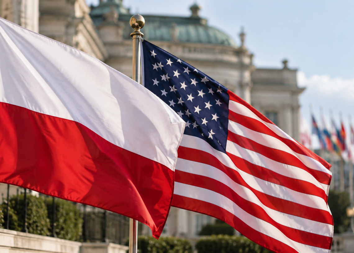 Digitally created editorial illustration of Polish and American flags flying side by side at a generic diplomatic setting