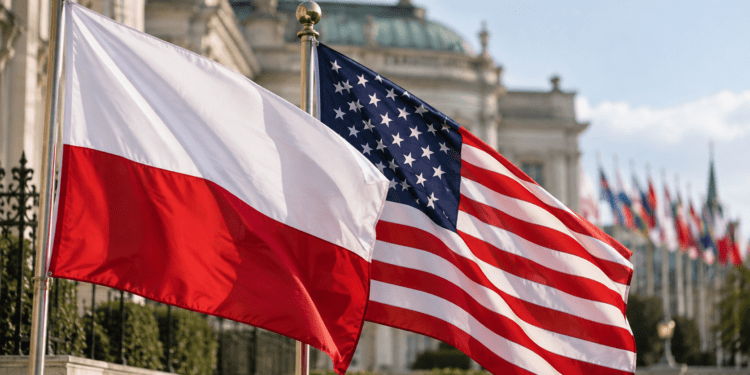 Digitally created editorial illustration of Polish and American flags flying side by side at a generic diplomatic setting