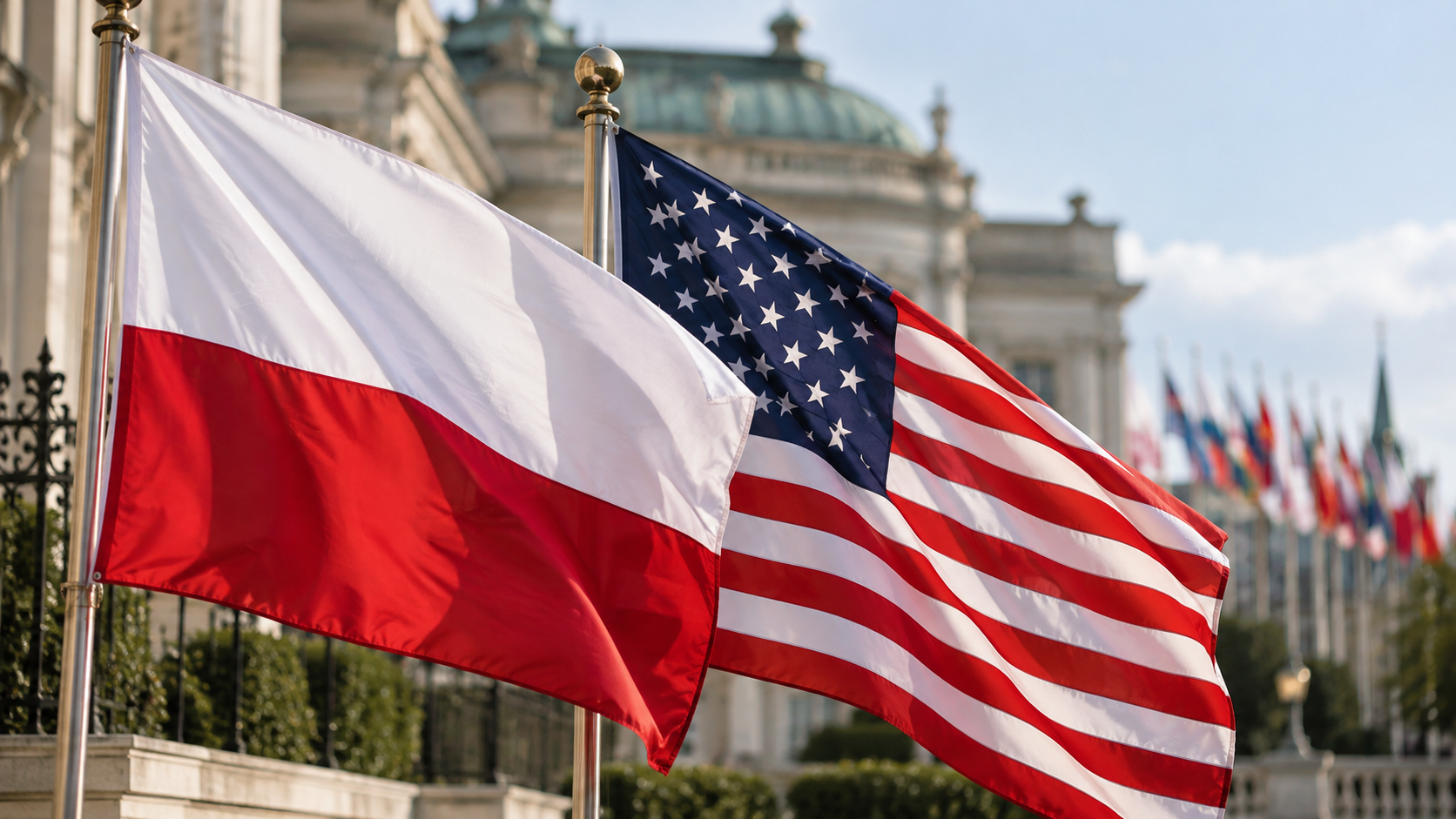 Digitally created editorial illustration of Polish and American flags flying side by side at a generic diplomatic setting