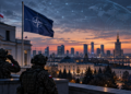 Digitally created editorial illustration of Warsaw, Polish forces and a NATO flag representing hybrid-security threats