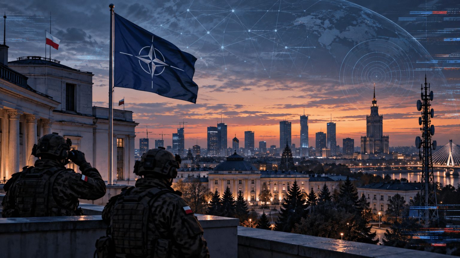 Digitally created editorial illustration of Warsaw, Polish forces and a NATO flag representing hybrid-security threats