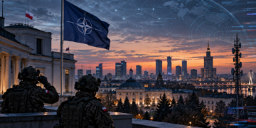 Digitally created editorial illustration of Warsaw, Polish forces and a NATO flag representing hybrid-security threats