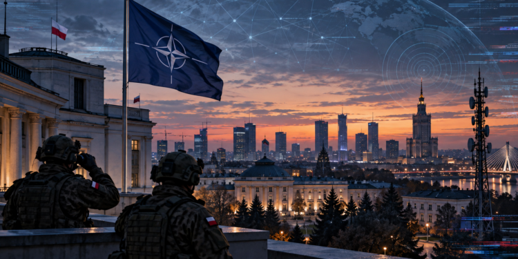 Digitally created editorial illustration of Warsaw, Polish forces and a NATO flag representing hybrid-security threats