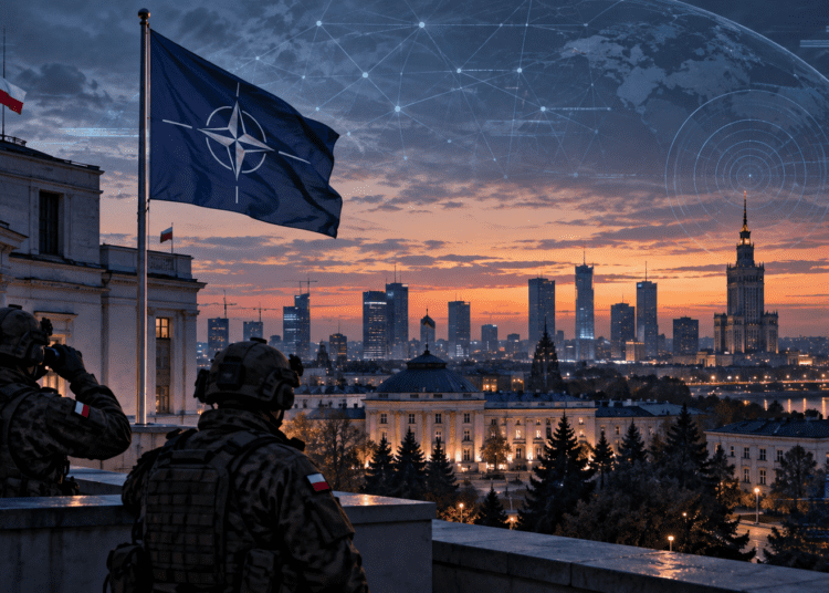 Digitally created editorial illustration of Warsaw, Polish forces and a NATO flag representing hybrid-security threats