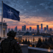 Digitally created editorial illustration of Warsaw, Polish forces and a NATO flag representing hybrid-security threats