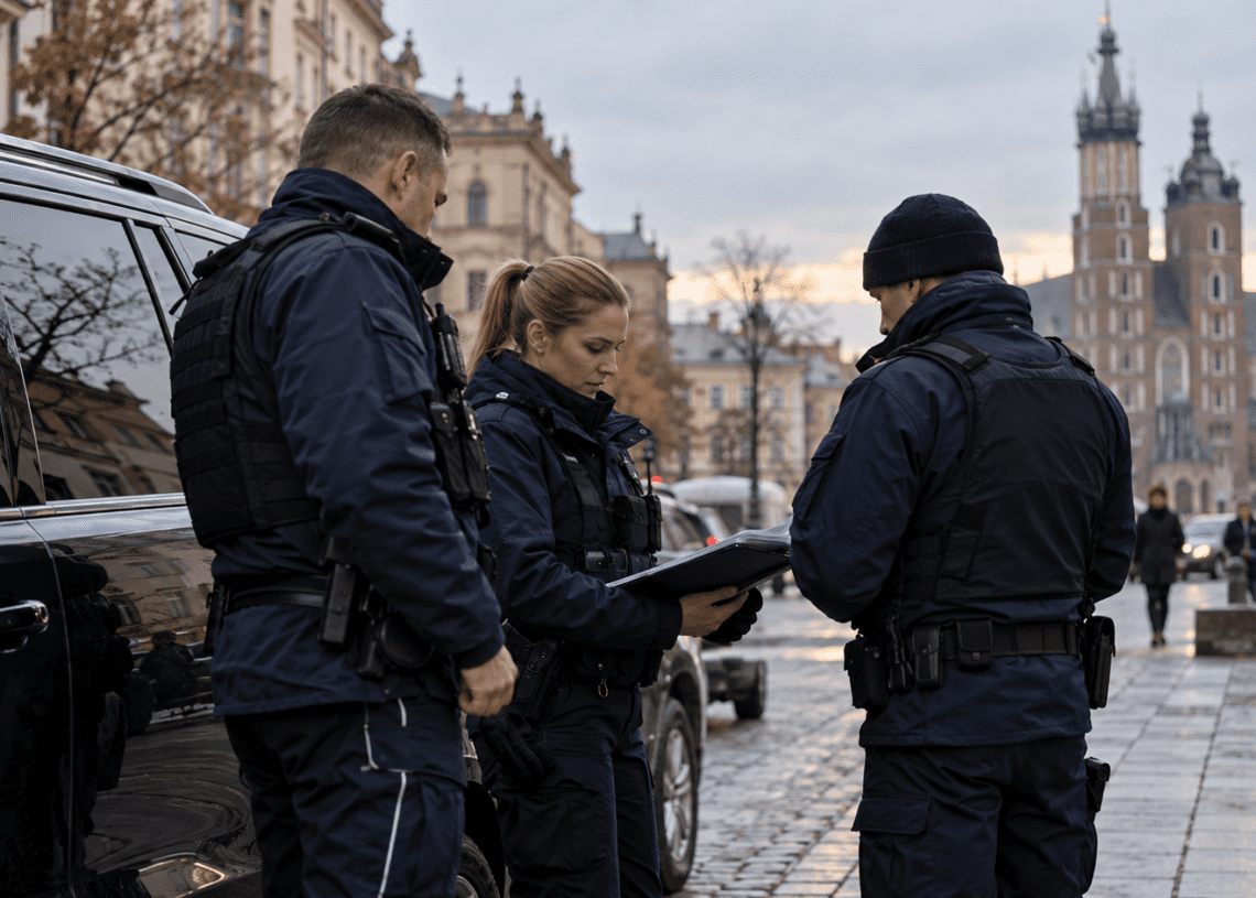Digitally created illustration of three police officers beside a dark vehicle on a Polish street, unrelated to the reported banking-fraud operation