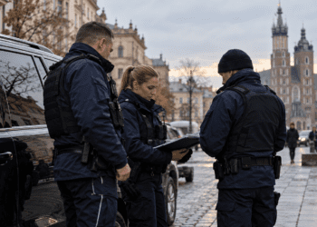 Digitally created illustration of three police officers beside a dark vehicle on a Polish street, unrelated to the reported banking-fraud operation