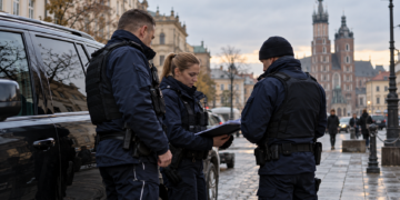 Digitally created illustration of three police officers beside a dark vehicle on a Polish street, unrelated to the reported banking-fraud operation