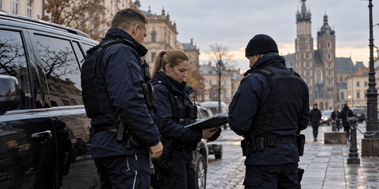 Digitally created illustration of three police officers beside a dark vehicle on a Polish street, unrelated to the reported banking-fraud operation