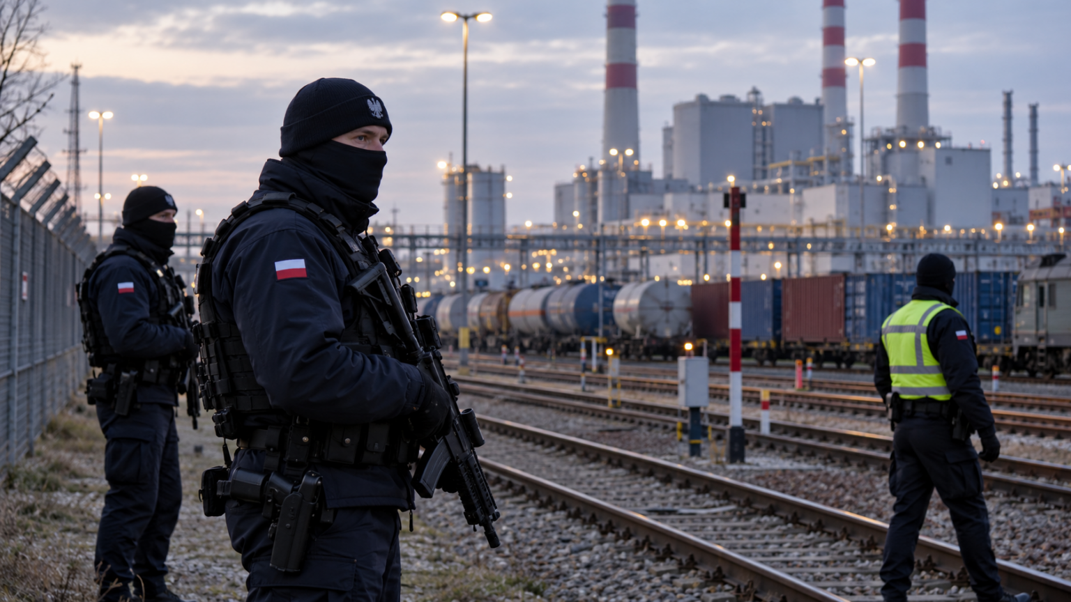 Illustrative image of Polish security personnel guarding critical infrastructure and railway facilities