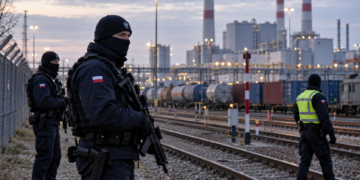 Illustrative image of Polish security personnel guarding critical infrastructure and railway facilities