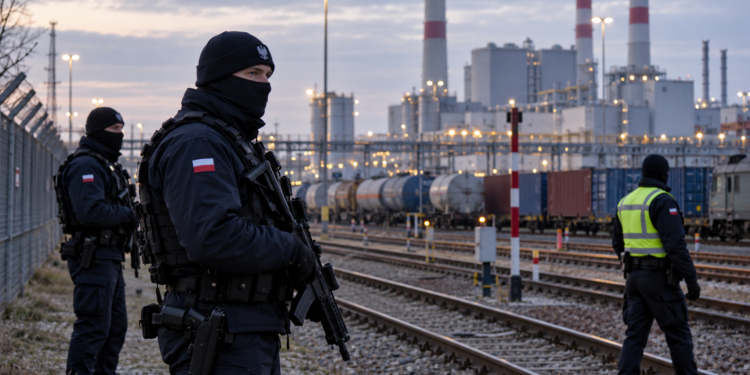 Illustrative image of Polish security personnel guarding critical infrastructure and railway facilities