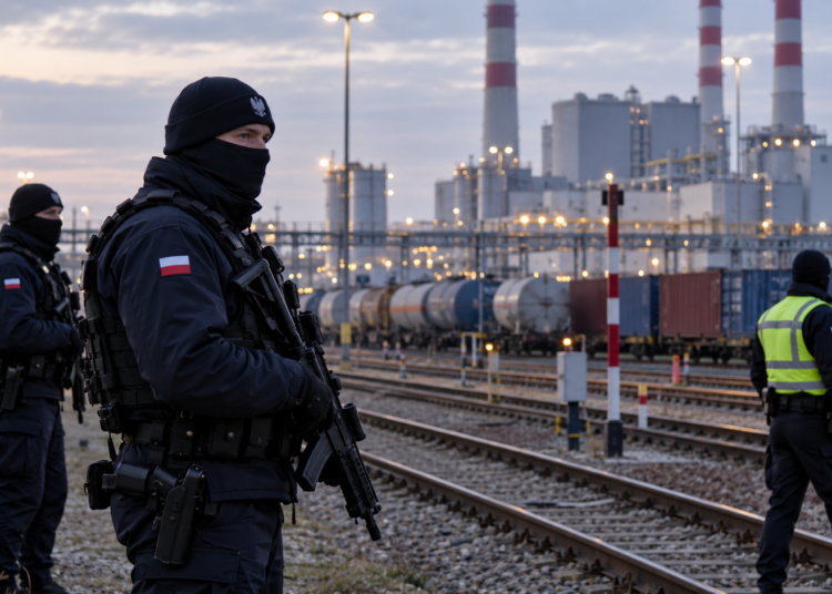 Illustrative image of Polish security personnel guarding critical infrastructure and railway facilities