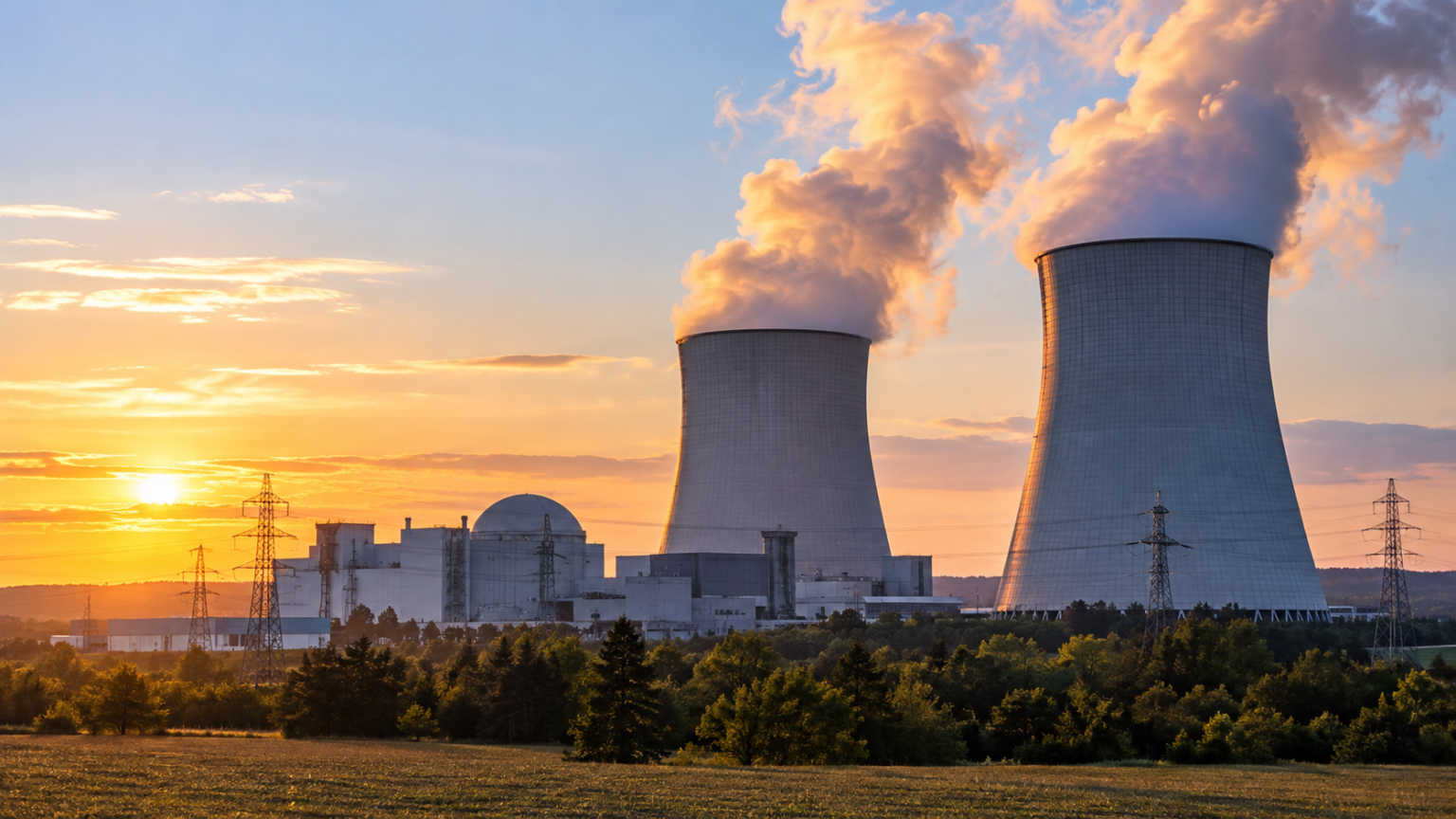 Illustration of a proposed nuclear power station with cooling towers at sunset; not an existing Polish plant.