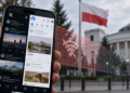 Smartphone displaying social-media feeds with a Polish flag and government building behind, illustrating possible platform restrictions