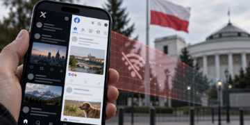 Smartphone displaying social-media feeds with a Polish flag and government building behind, illustrating possible platform restrictions