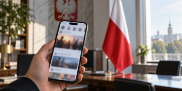 Digitally created illustration of a smartphone with a blurred social-media feed in a generic office, with a Polish flag in the background.