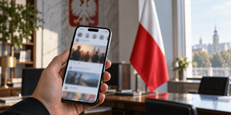 Digitally created illustration of a smartphone with a blurred social-media feed in a generic office, with a Polish flag in the background.