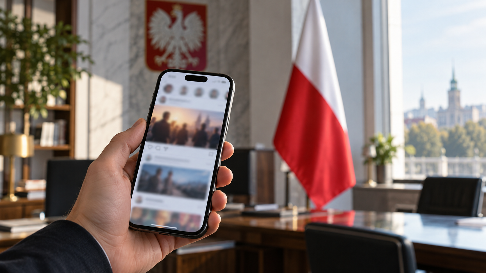 Digitally created illustration of a smartphone with a blurred social-media feed in a generic office, with a Polish flag in the background.